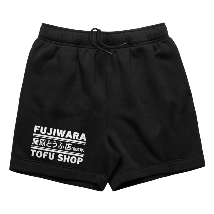 Black shorts with white text.