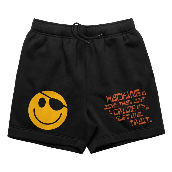 Black shorts with smiley face and text.