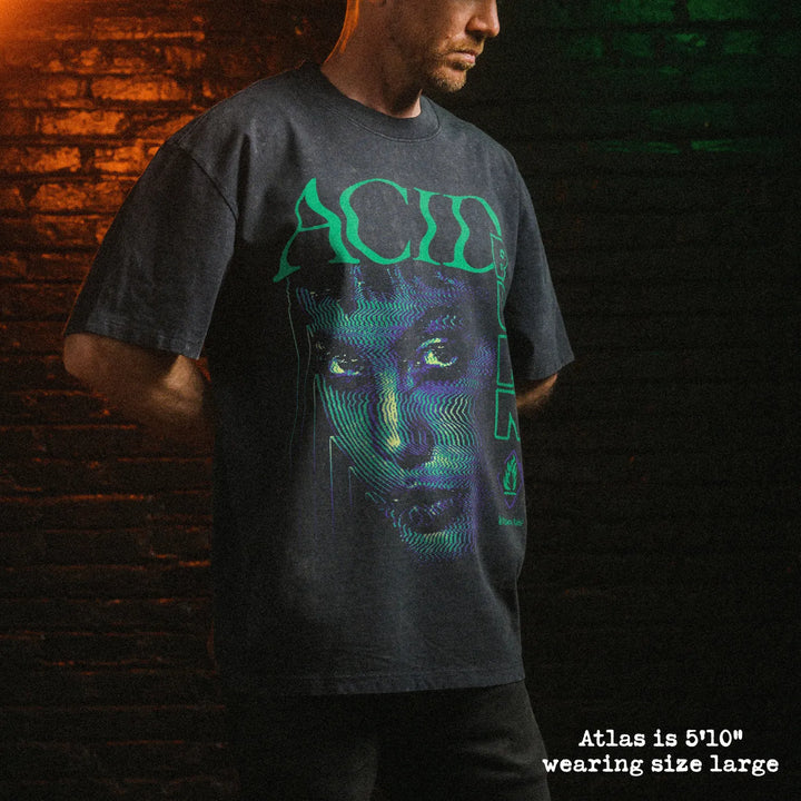 Male model wearing stone wash heavy tee with acid burn graphic 