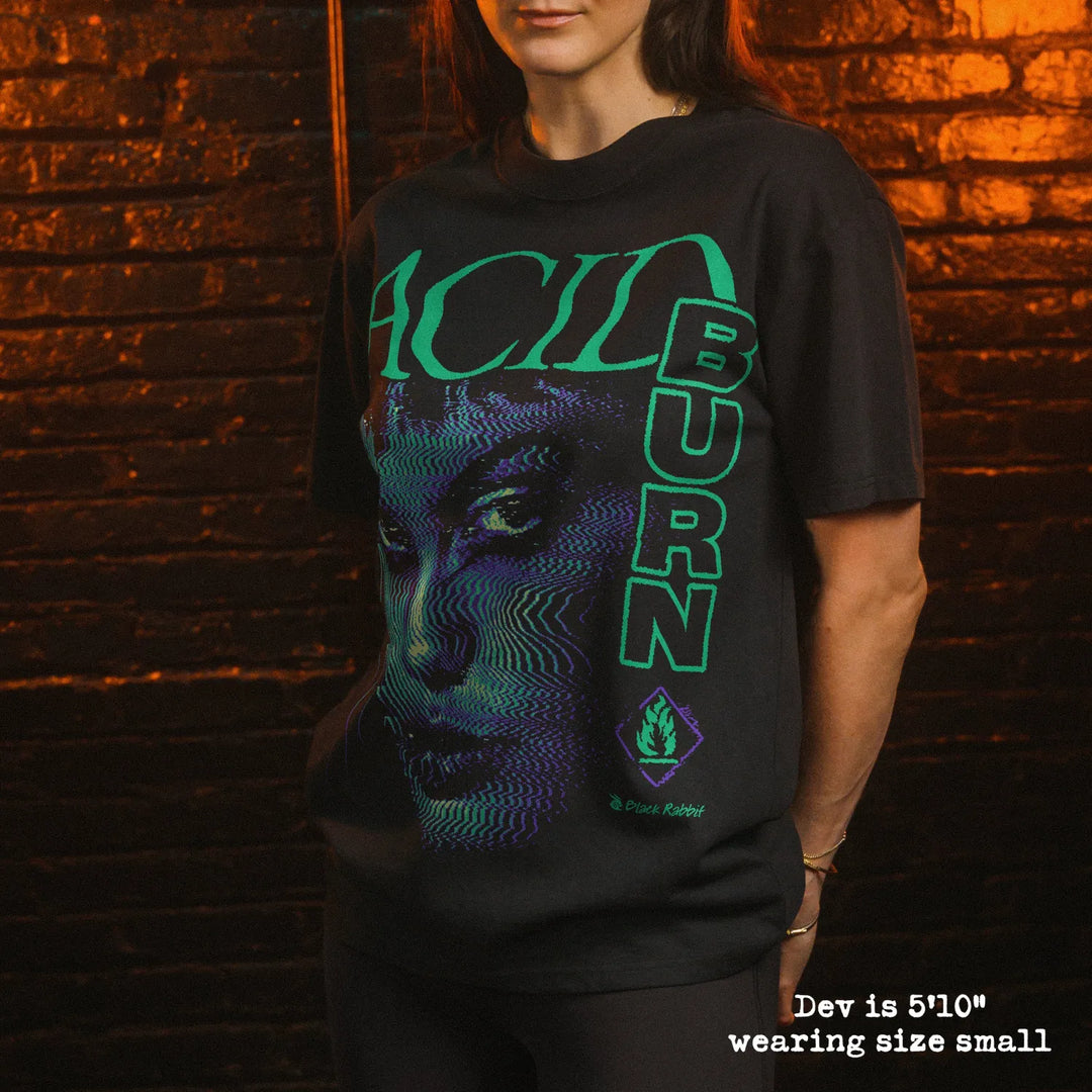 Model wearing heavy tee with Acid Burn graphic 