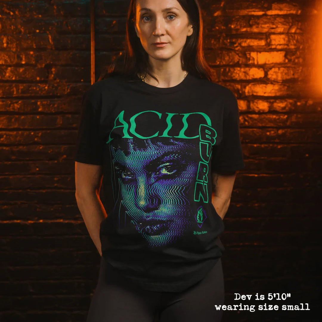 model wearing black premium tee with acid burn graphic 