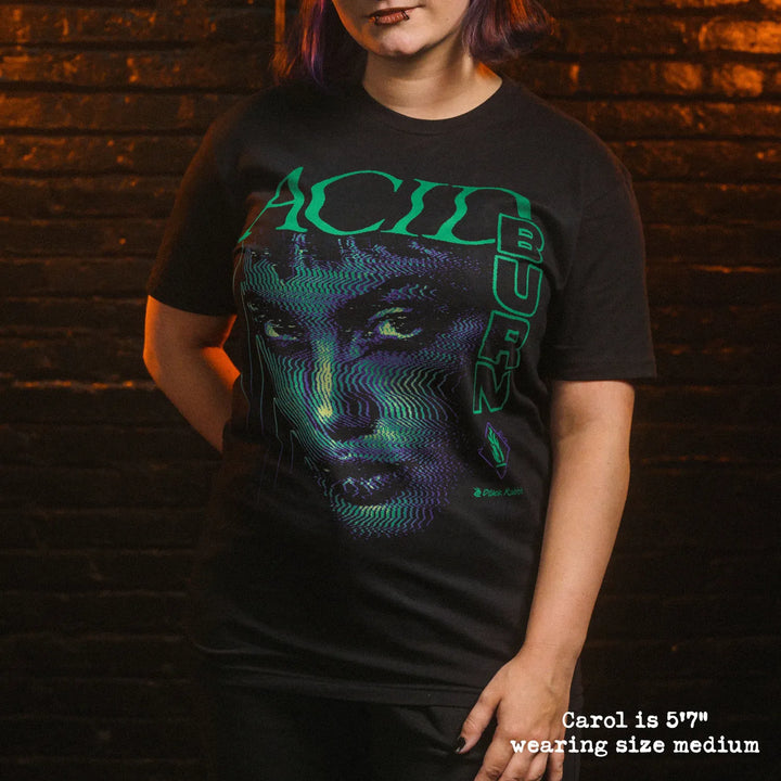 model wearing black premium tee with acid burn graphic 