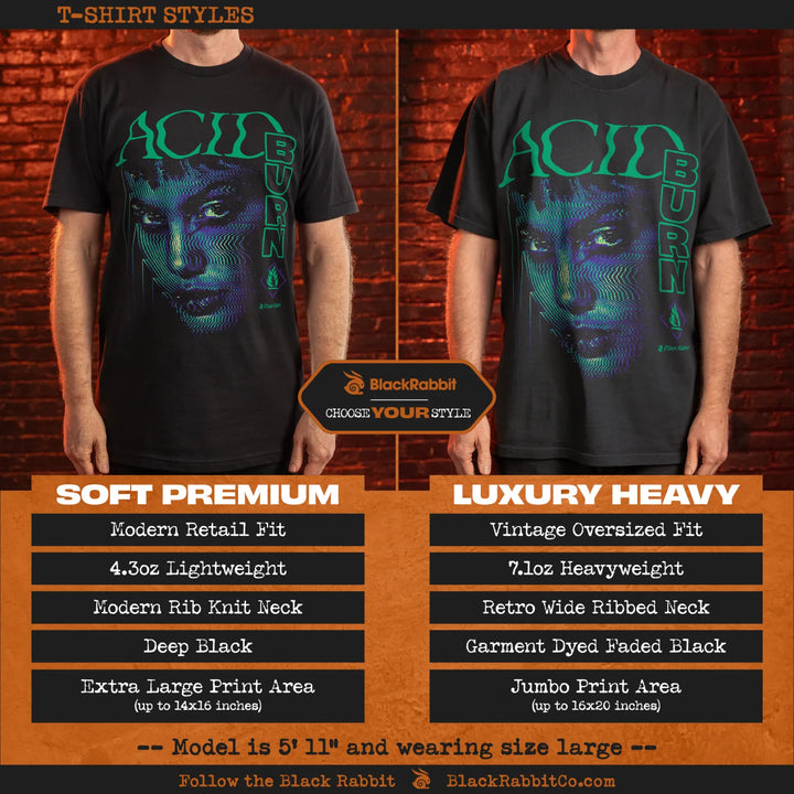 Two black t-shirt styles with a graphic of a woman’s face.