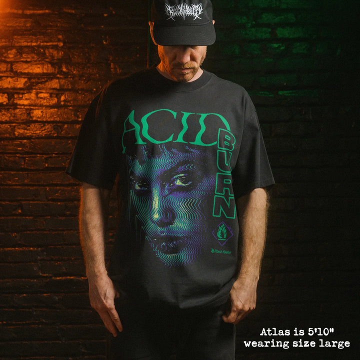 Model wearing heavy tee with Acid Burn graphic 
