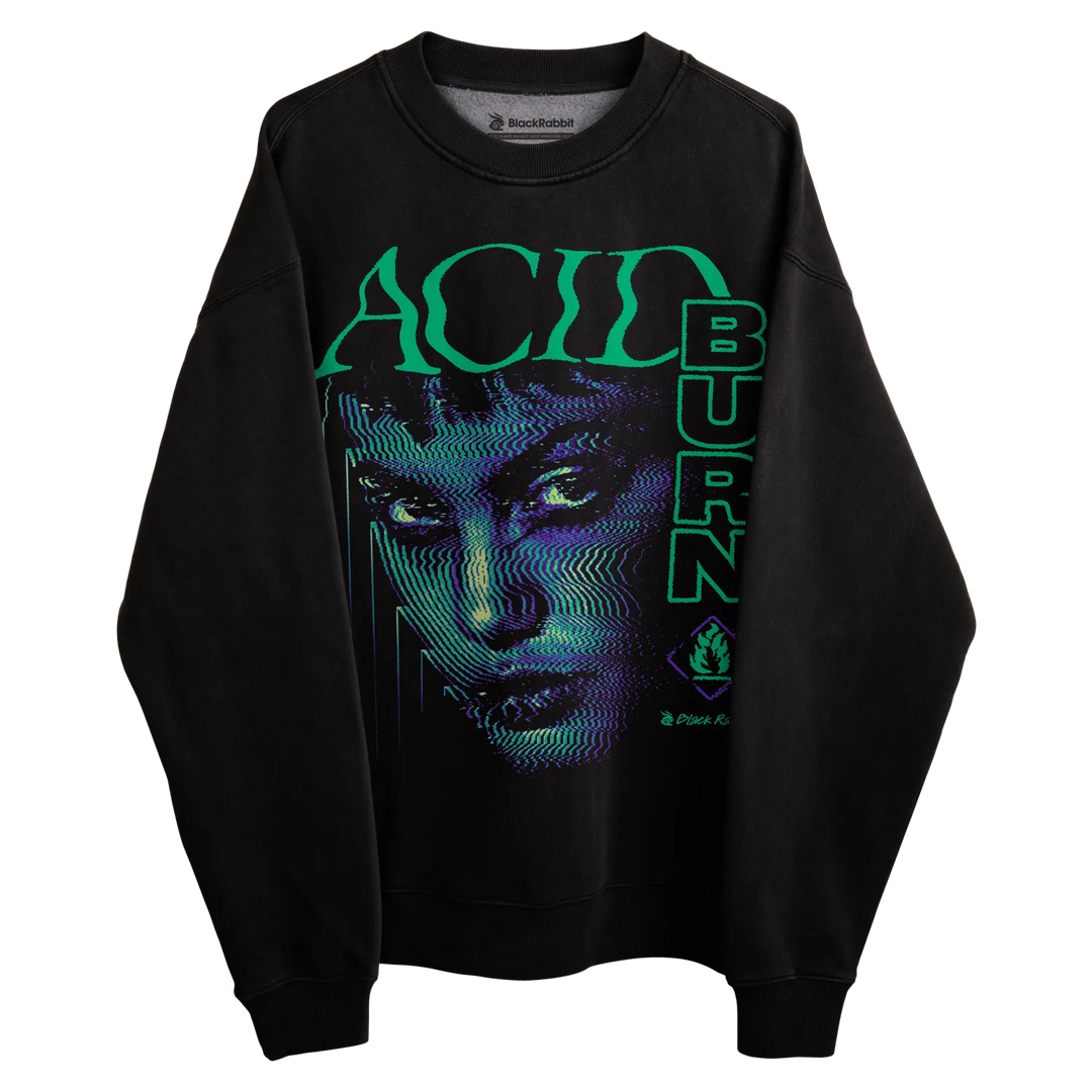 Black long-sleeved sweatshirt with ’acid burn’ text and graphic design featuring a stylized face in green, blue, purple hues.