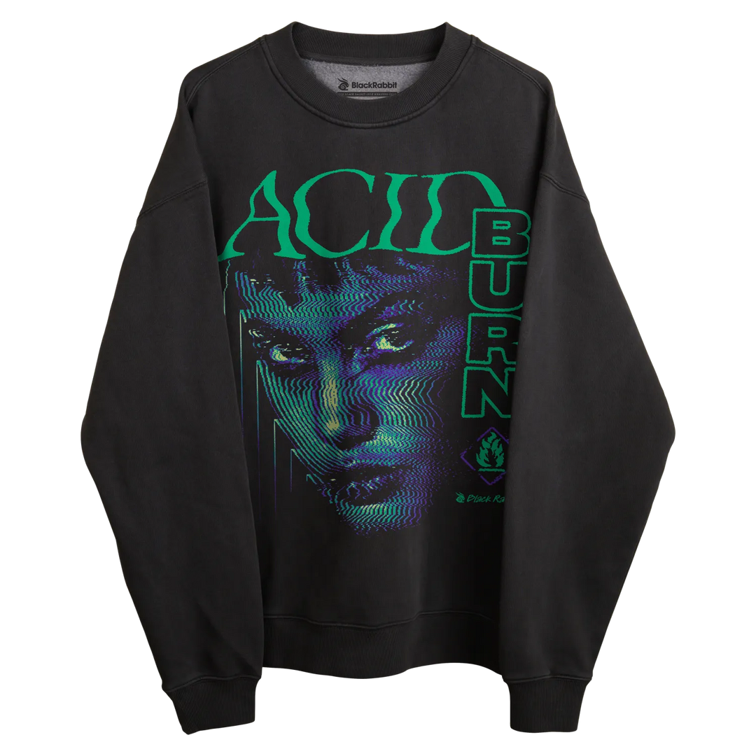 Acid burn sweatshirt with green text and graphic design.