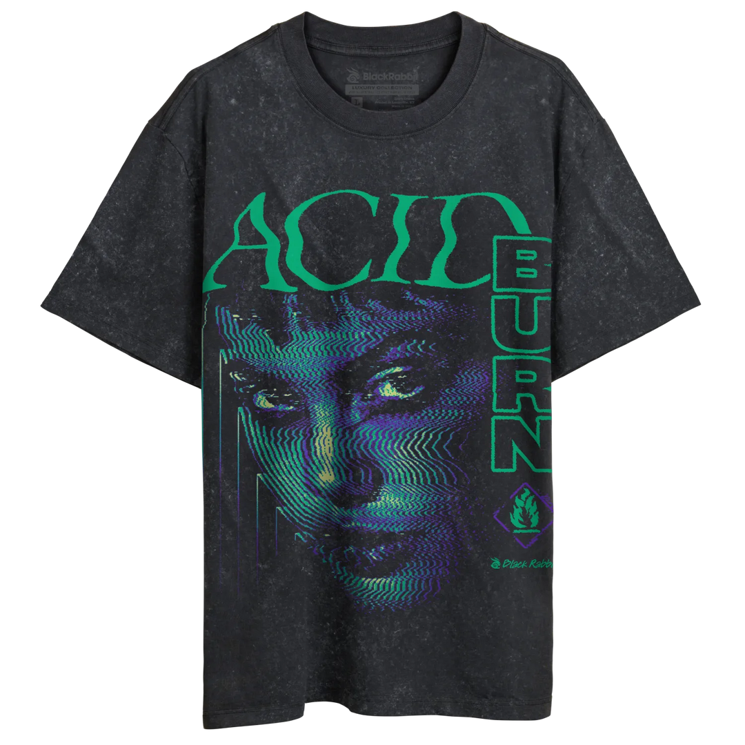 A black distressed t-shirt with a green and purple graphic print of a woman’s face.