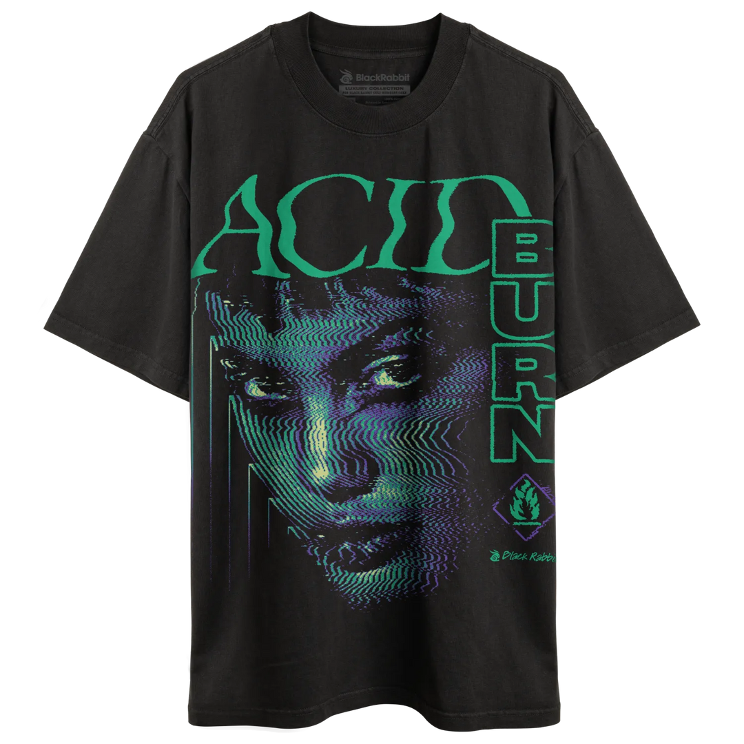 Dark gray t-shirt with a ’glitch art’ style graphic of a woman’s face and ’ACID BURN’ text.