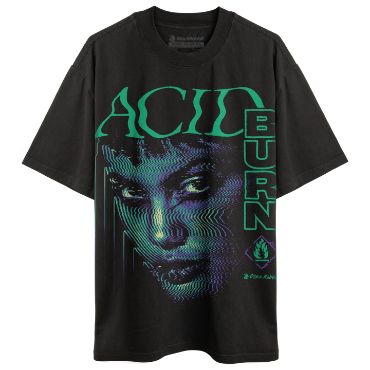 Dark gray t-shirt with a ’glitch art’ style graphic of a woman’s face and ’ACID BURN’ text.