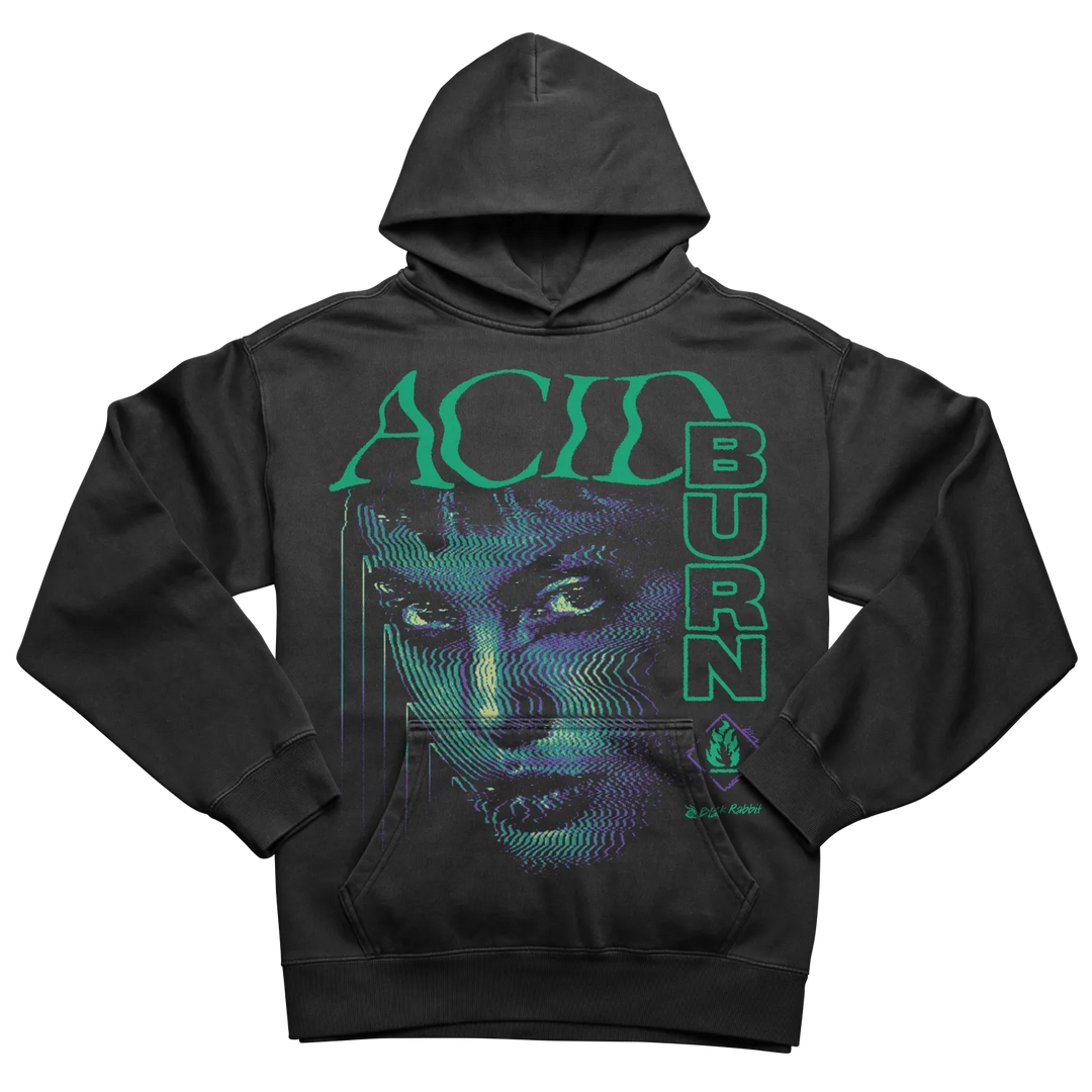 Black hoodie with a distorted graphic print of a woman’s face and ’ACID BURN’ text.
