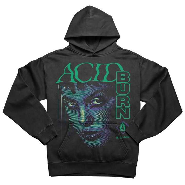 Black hoodie with a distorted graphic print of a woman’s face and ’ACID BURN’ text.