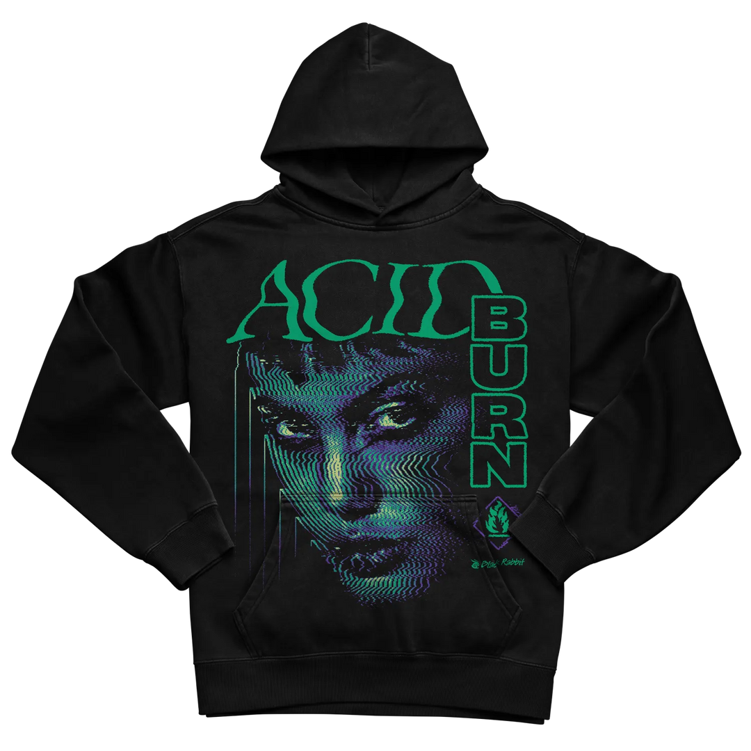 Black hoodie with ’acid burn’ design and green text, featuring a graphic face print.