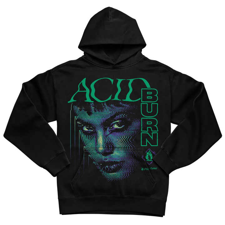 Black hoodie with ’acid burn’ design and green text, featuring a graphic face print.