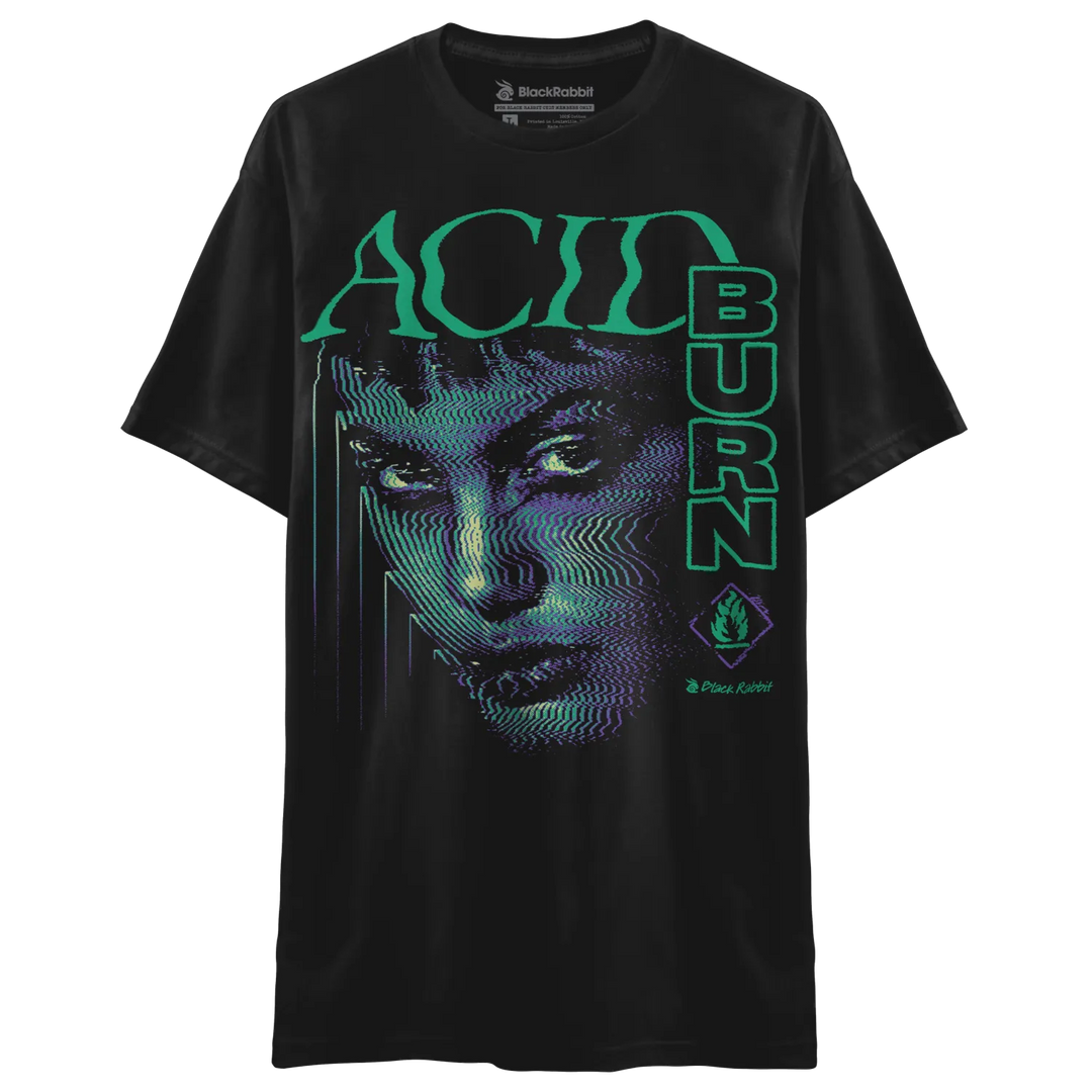 Black t-shirt with a stylized face and ’ACID BURN’ text printed on the front.