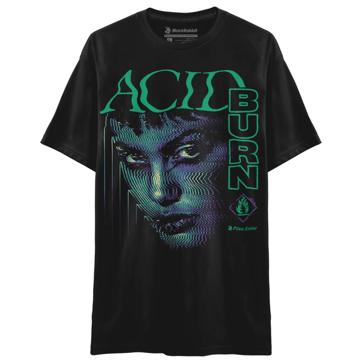 Black t-shirt with a stylized face and ’ACID BURN’ text printed on the front.