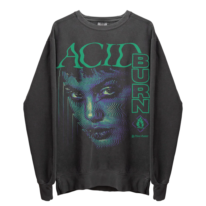 Dark gray long-sleeve sweatshirt with a vibrant green and purple graphic print of a woman’s face and ’ACID BURN’ text.