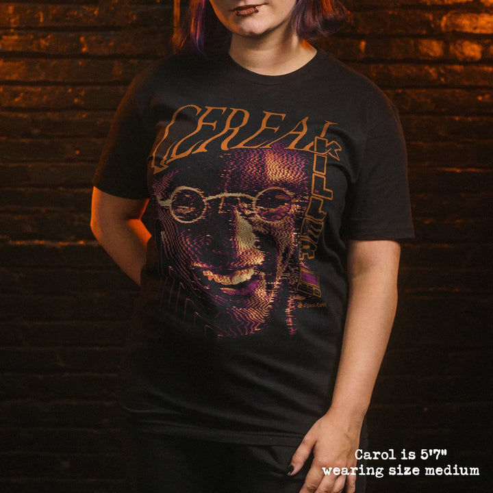 model wearing black premium tee with cereal killer graphic 