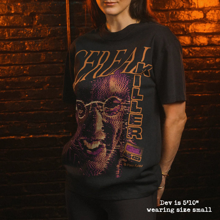 Model wearing heavy tee with cereal killer graphic.
