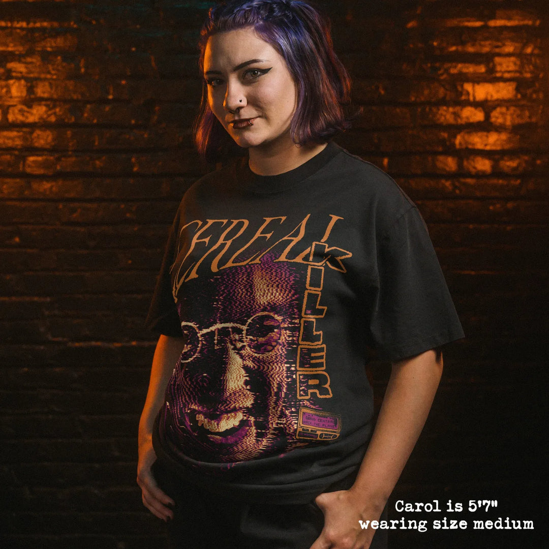 Model wearing heavy tee with cereal killer graphic.

