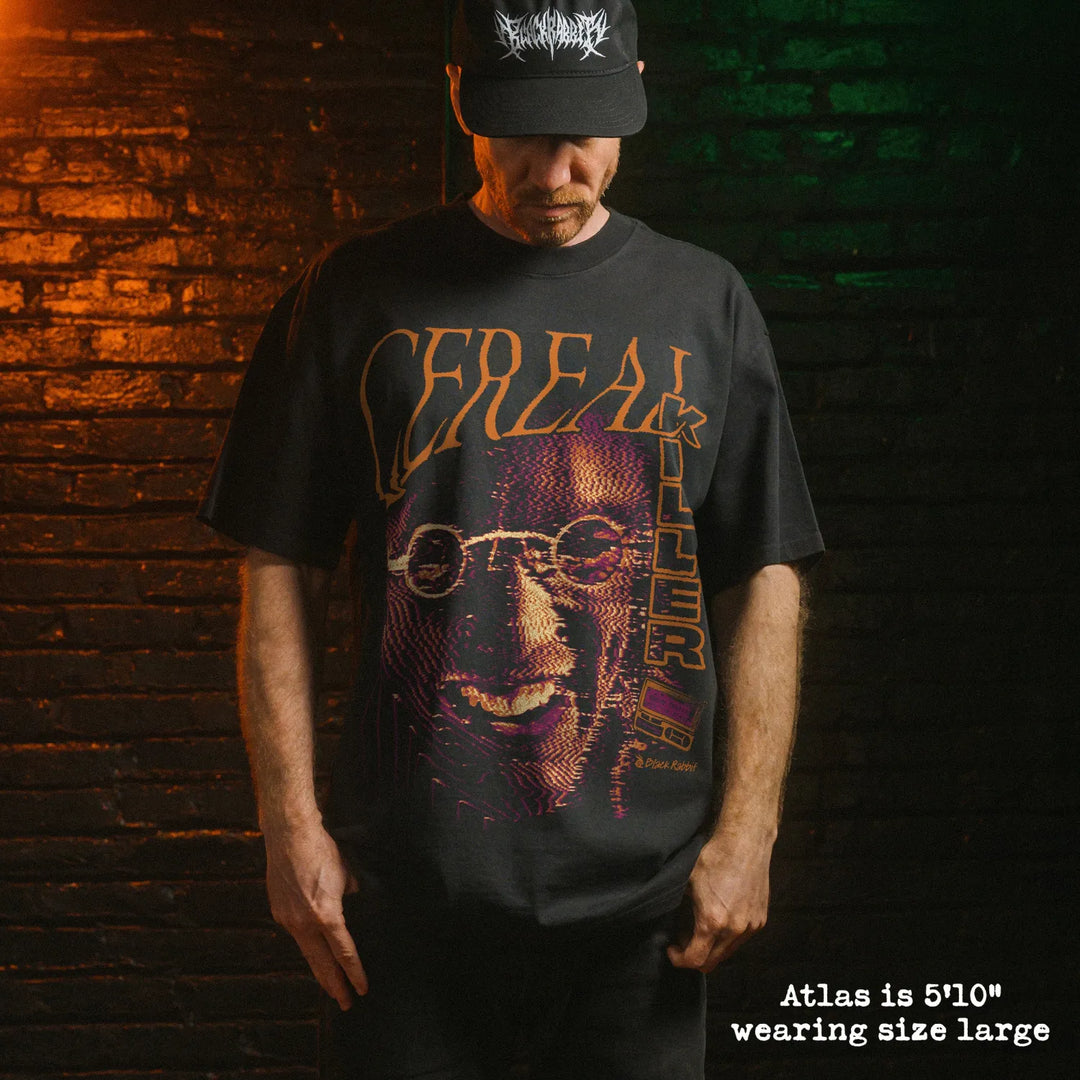 Male model wearing heavy tee with cereal killer graphic.
