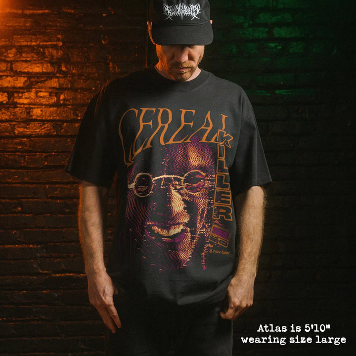 Male model wearing heavy tee with cereal killer graphic.

