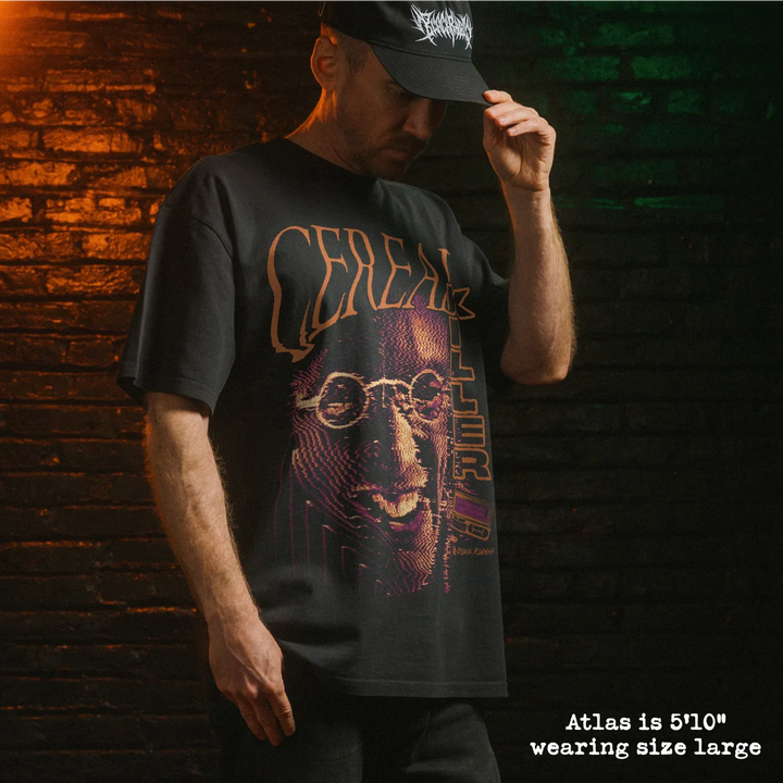 Male model wearing heavy tee with cereal killer graphic.
