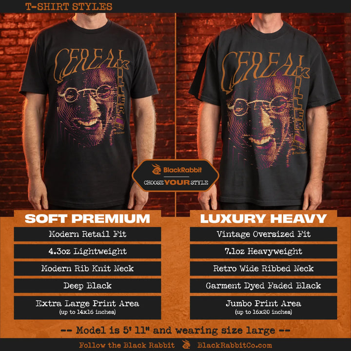 Black Rabbit Cereal Killer shirt style comparison showing Soft Premium and Luxury Heavy fits with model examples and fabric details. 