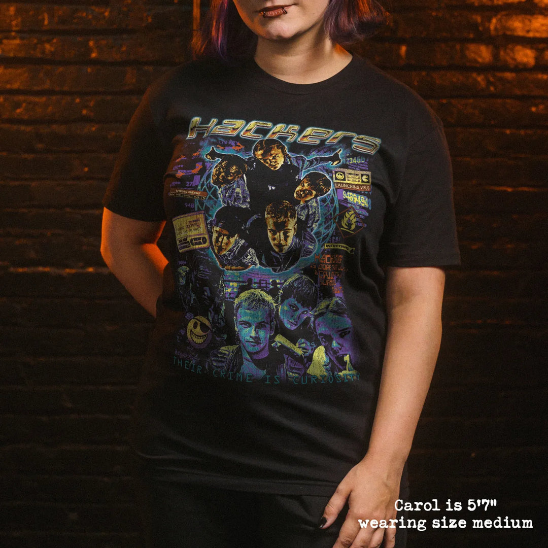 model wearing black premium tee with hackers graphic 