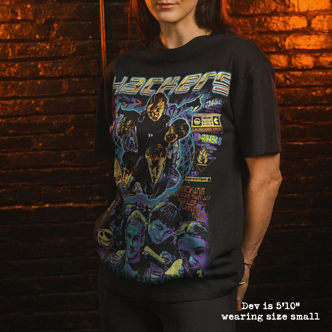 Model wearing heavy tee with hackers graphic 