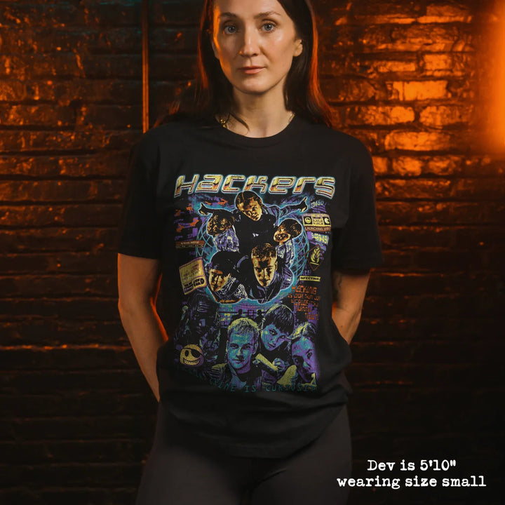 model wearing black premium tee with hackers graphic 