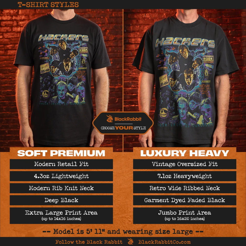 Two black graphic t-shirts of different fits and weights.