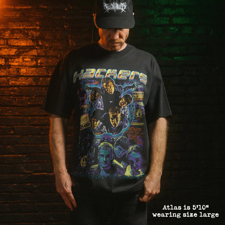 Model wearing heavy tee with hackers graphic 