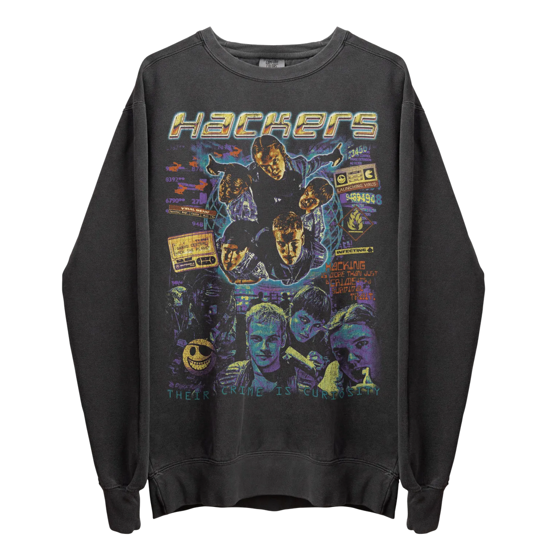 Dark grey long-sleeved sweatshirt with a vibrant graphic print.