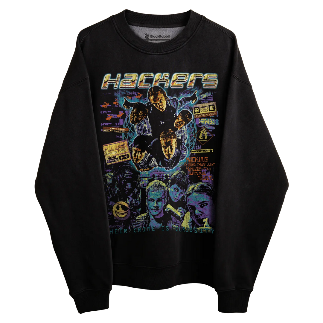 Black sweatshirt with ’hackers’ graphic design featuring characters and movie elements.