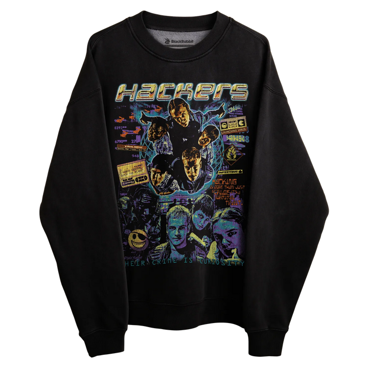 Black sweatshirt with ’hackers’ graphic design featuring characters and movie elements.
