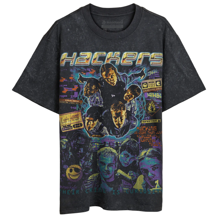 A dark gray, short-sleeved t-shirt with a vibrant, distressed graphic design featuring characters and cyber-themed elements.