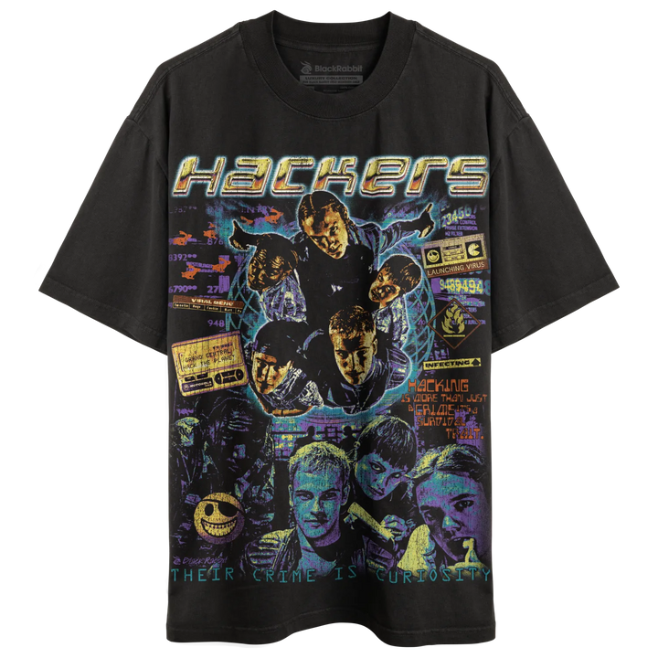 Black short-sleeved t-shirt with a colorful ’Hackers’ movie graphic print.
