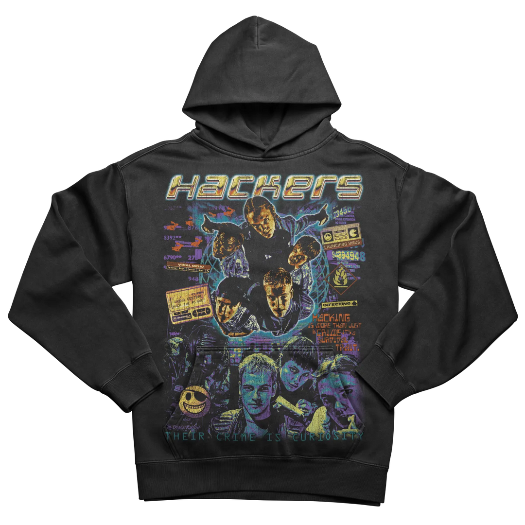 Black hooded sweatshirt with a colorful graphic print of characters and retro tech elements.