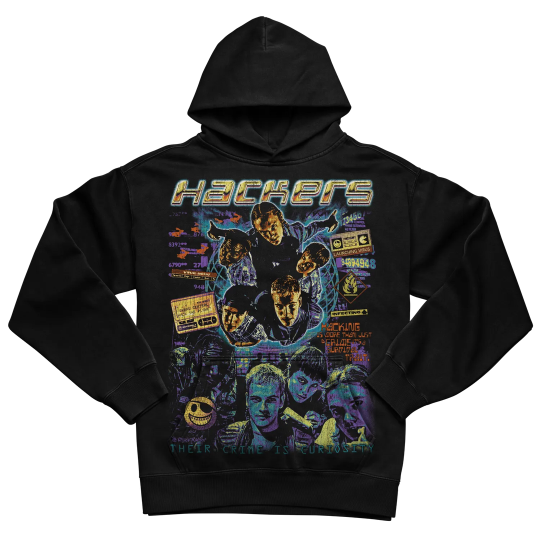 Black hoodie with ’hackers’ graphic design featuring characters and movie title in vibrant colors.