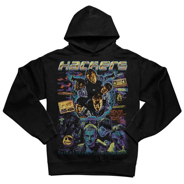 Black hoodie with ’hackers’ graphic design featuring characters and movie title in vibrant colors.