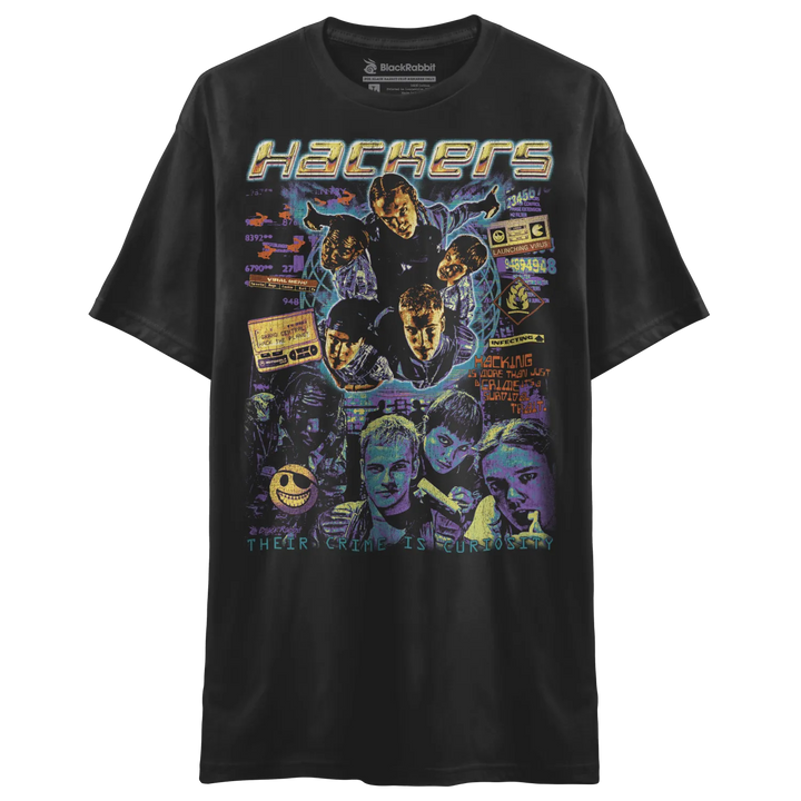 Black short-sleeved t-shirt with a colorful graphic print of characters and text.