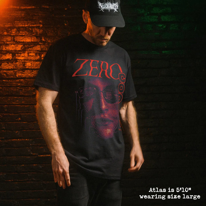 Male model wearing black premium tee with zero cool graphic 