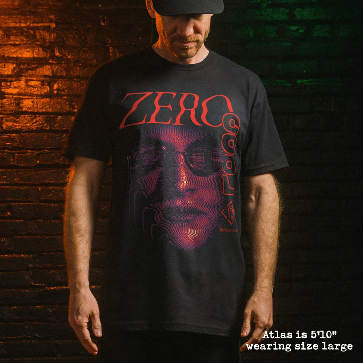 Male model wearing black premium tee with zero cool graphic 