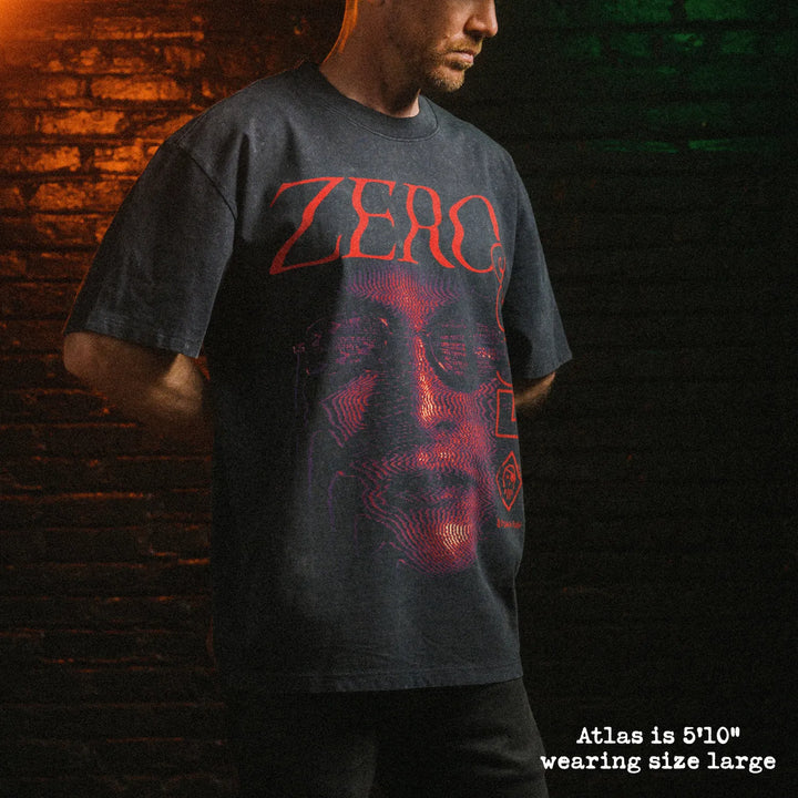 Male model wearing stone wash heavy tee with zero cool graphic 