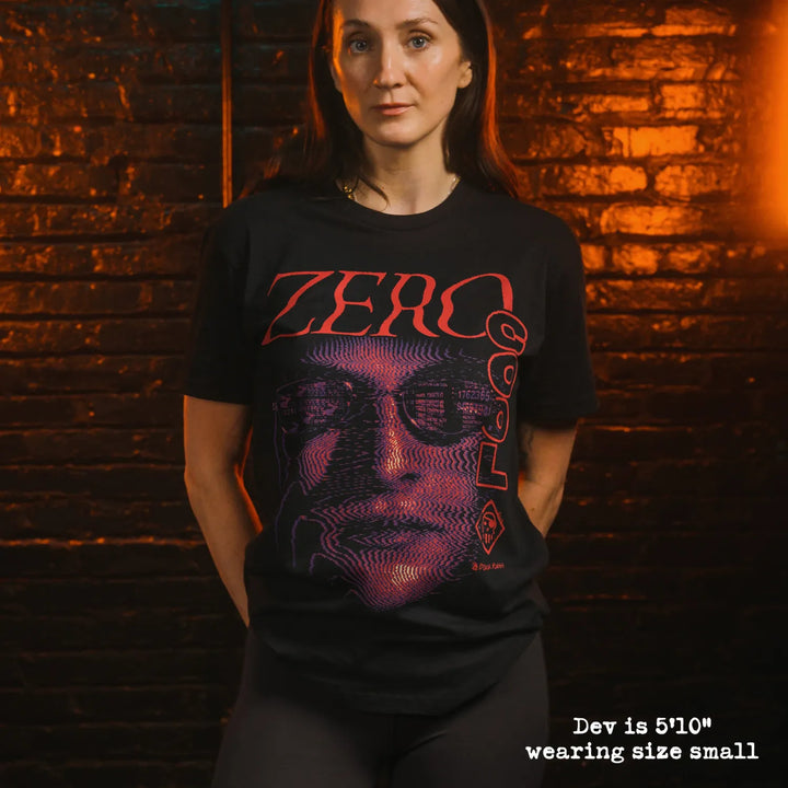model wearing black premium tee with zero cool graphic 