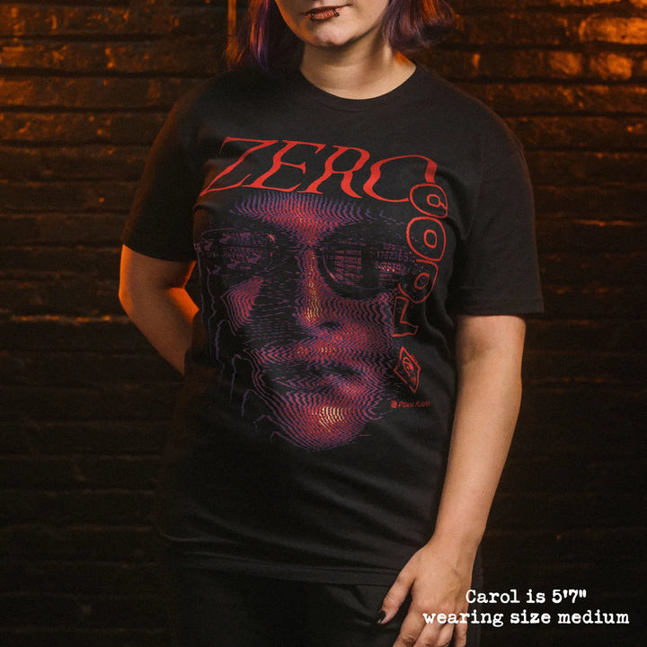 model wearing black premium tee with zero cool graphic 