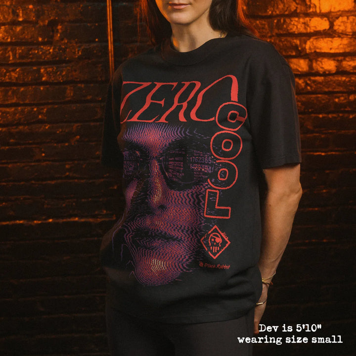 Male model wearing heavy tee with zero cool graphic.

