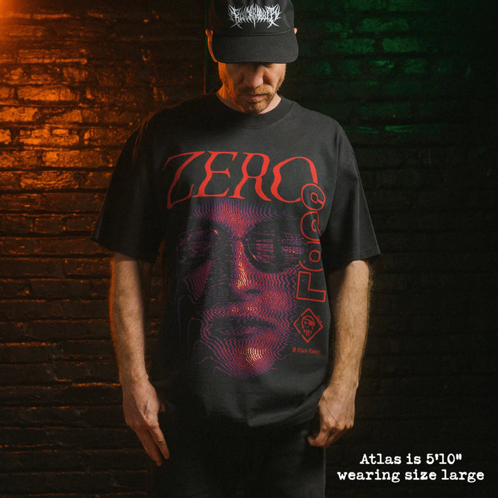 Male model wearing heavy tee with zero cool graphic.
