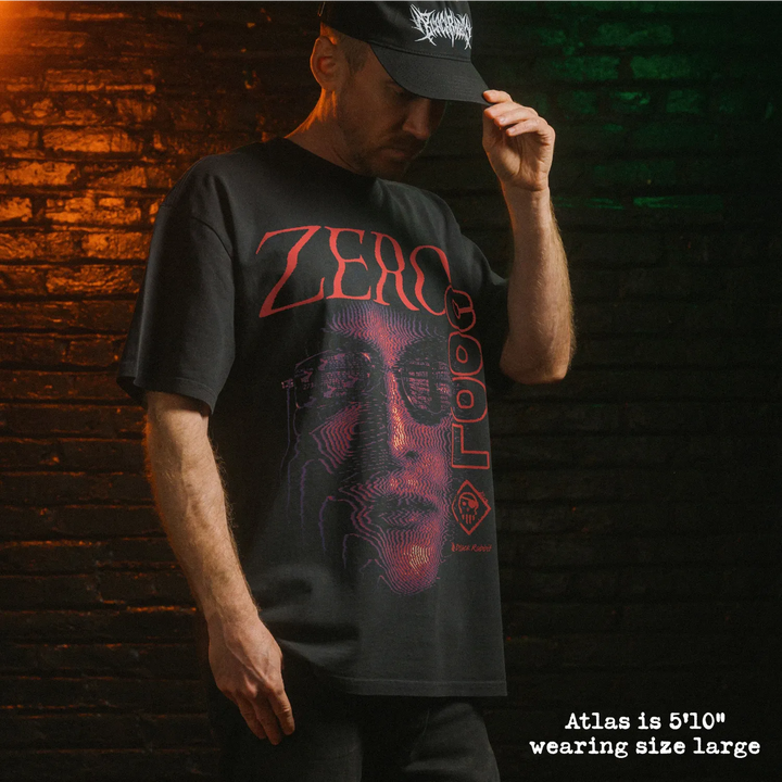 Male model wearing heavy tee with zero cool graphic.
