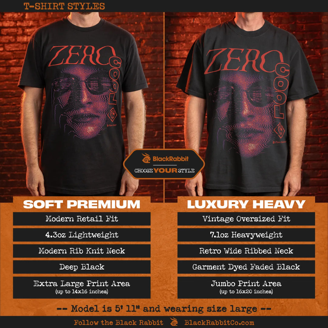 Black Rabbit Zero Cool shirt style comparison showing Soft Premium and Luxury Heavy fits with model examples and fabric details. 